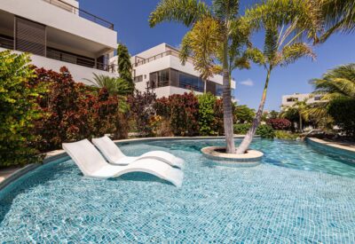 Luxe zwembad met ligbedden en palmbomen bij Jan Sofat.