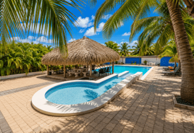 Luxe zwembad met palmbomen en tiki hut op zonnige dag.