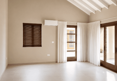 Ruim interieur met grote ramen en witte gordijnen voor natuurlijk licht.